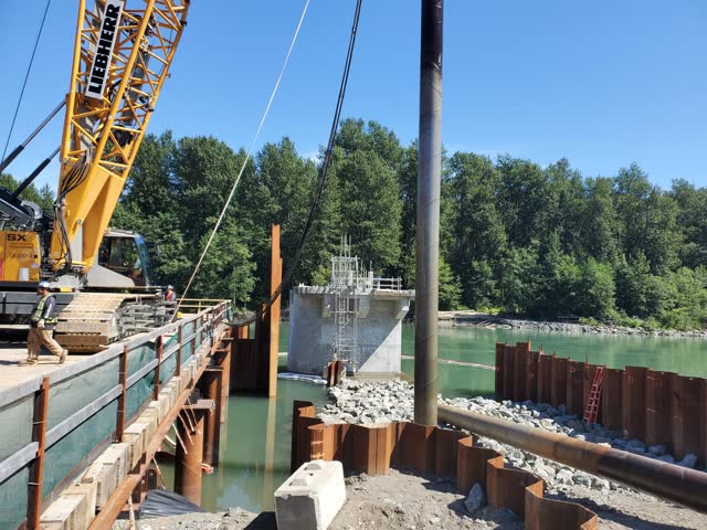 Bridge pier construction inside a river cofferdam