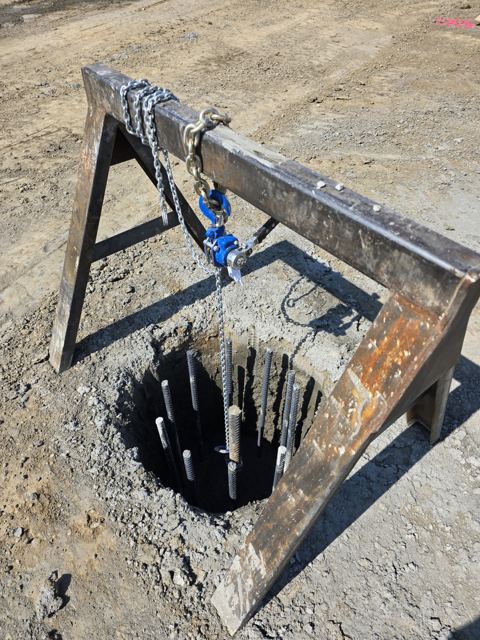 Reinforcing cage set through a template into a freshly augered CFA pile